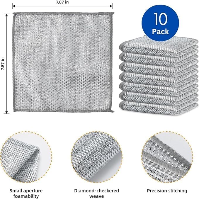 Non Scratch Dish Wash Cloth (10 Pack) Two Layer Mesh Wire Cloth for Kitchen Reusable Non Scratch Wire Dish Cloth Multipurpose Wire Dishwashing Rags